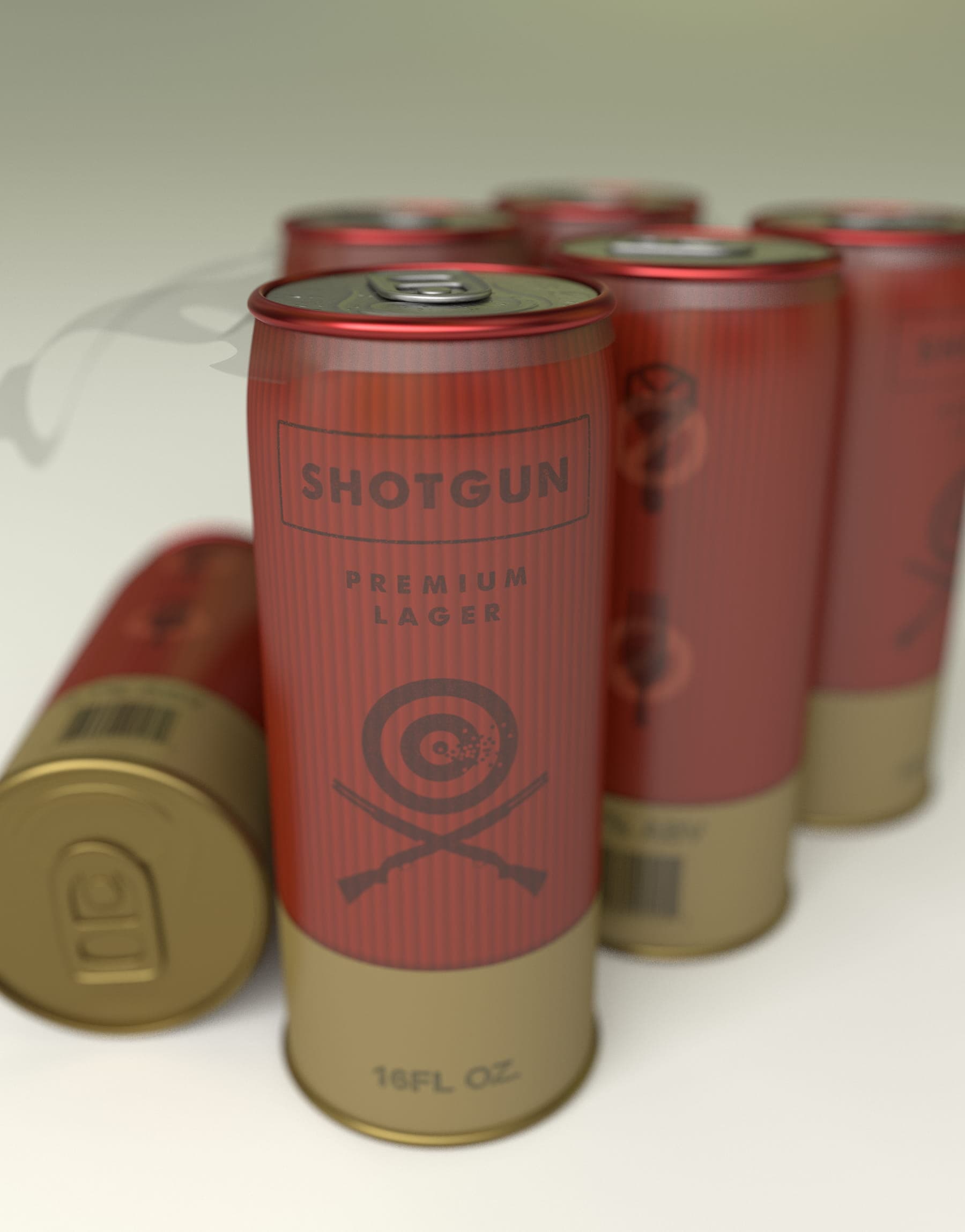 A 3D rendering of a six-pack of beer cans that look like shotgun shells.